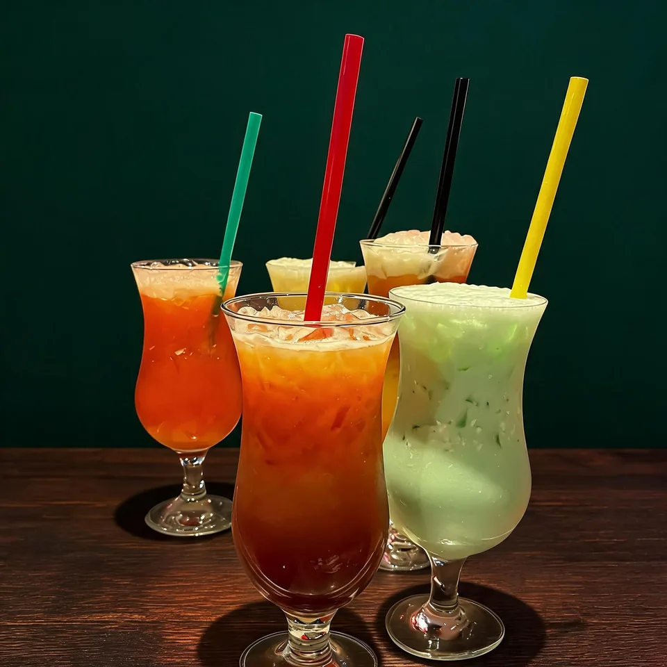 Three cocktails from the Parejas bar in orange, red and green with coloured straws