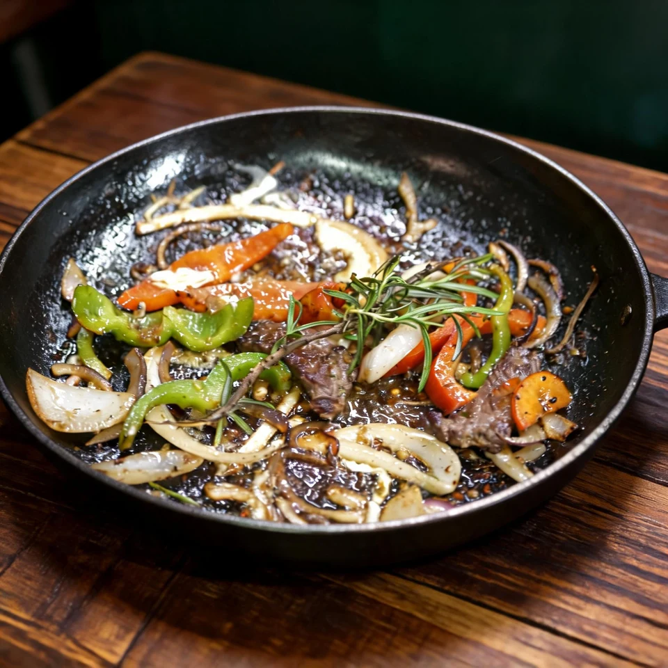 Beef strips with peppers and onions in the fajita pan at Parejas Altlandsberg