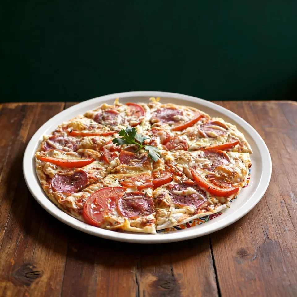 Pizza with salami and tomato at Parejas Altlandsberg