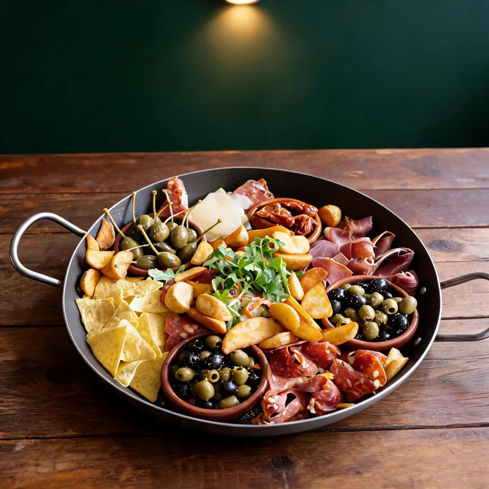Sharing pan with jamón, chorizo, olives and fried potatoes at Parejas Altlandsberg