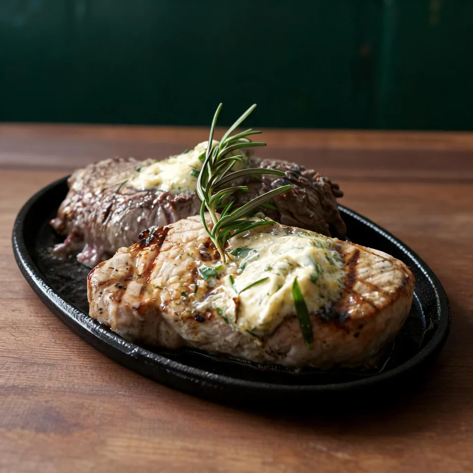 Steak with herb butter on a hot cast-iron plate at Parejas