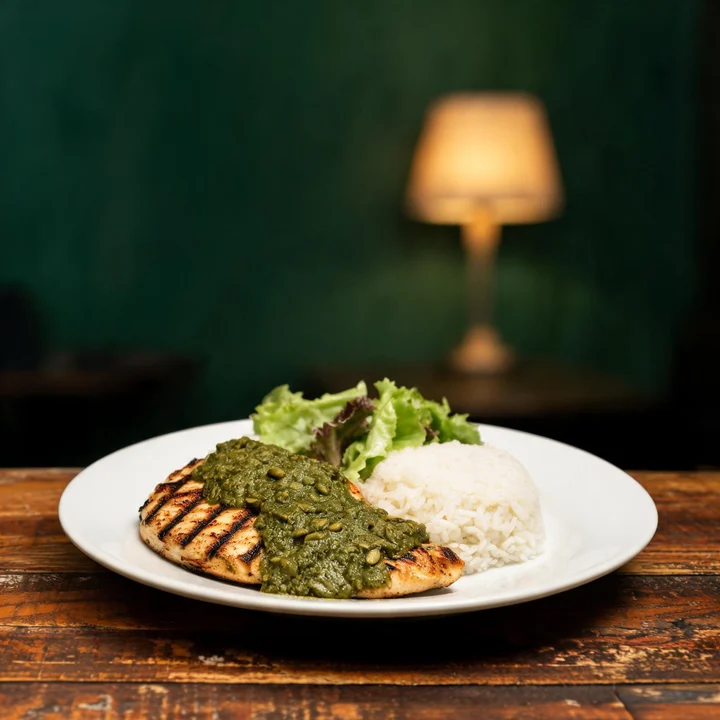 Chicken breast with green pumpkin-seed mole, rice and salad at Parejas